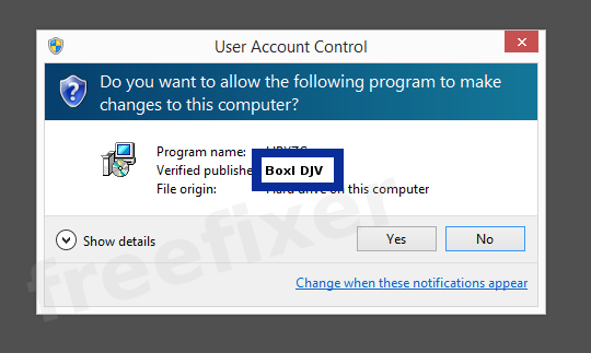 Screenshot where BoxI DJV appears as the verified publisher in the UAC dialog